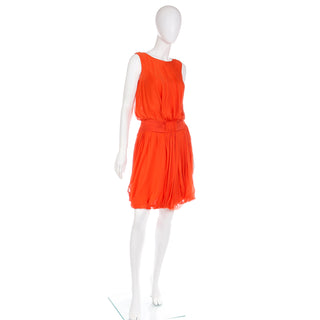Vintage Italian Orange Fine Silk Chiffon Gathered Sleeveless Dress