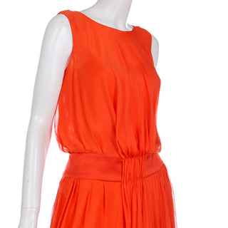 Vintage Italian Orange Silk Chiffon Gathered Waist & Hem Sleeveless Dress