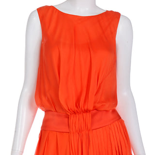 Vintage Italian Orange Silk Chiffon Gathered Sleeveless Dress Size M