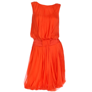 Vintage Italian Orange Silk Chiffon Gathered Sleeveless Dress with bubble hem