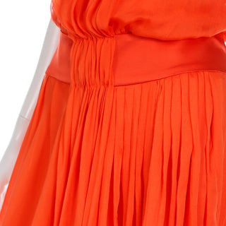 Vintage Italian Orange Silk Chiffon Gathered Sleeveless Dress detailed waist