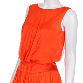 Vintage Italian Orange Silk Chiffon Gathered Sleeveless Dress w Blousy fit