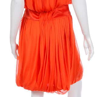 Vintage Italian Orange Silk Chiffon Gathered Sleeveless Dress bubble hem
