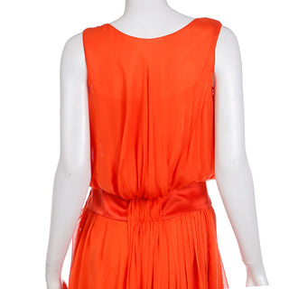 Vintage Italian Orange Silk Chiffon Gathered Sleeveless  Designer Dress 