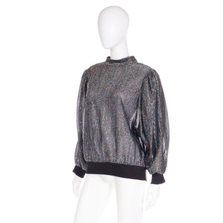 Vintage 1970s Silver Lurex Iridescent Pullover Tinsel Top w knit trim