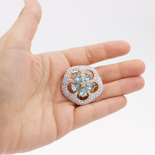 Vintage Swarovski Crystal Gold Plated Brooch with Blue & Clear Crystals Flower