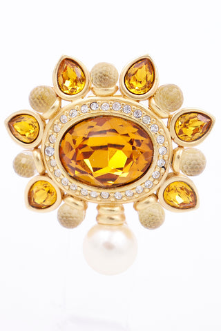 1990s Swarovski Faceted Amber & Clear Crystal Brooch w Pearl Drop
