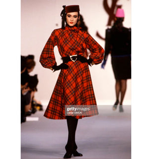 F/W 1987 Yves Saint Laurent Red Plaid 2pc Dress W Skirt & Tie Blouse