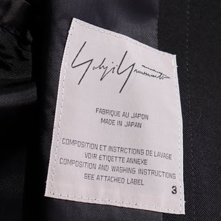 Fall 2001 Yohji Yamamoto Black Tuxedo Style Asymmetrical Jacket w Safety Pin Closure Made in Japan