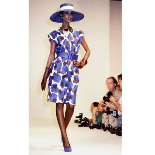 1984 Yves Saint Laurent Blue Floral Linen Sleeveless Dress