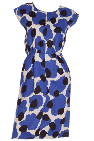 1980s Yves Saint Laurent Blue Floral Linen Sleeveless Dress