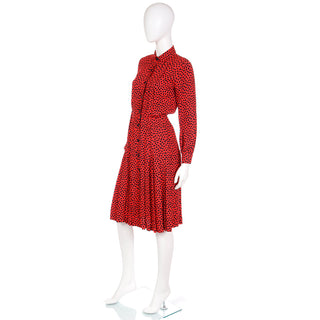 1980s Yves Saint Laurent Red & Black Abstract Print Silk Button Front Dress