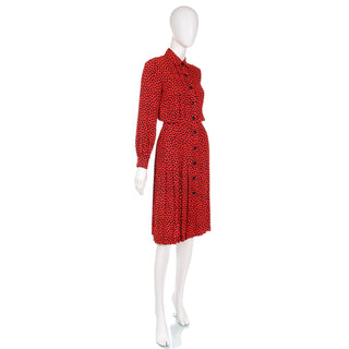 1980s Yves Saint Laurent Red & Black Abstract Print Silk Long Sleeve Dress