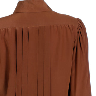 1970s Yves Saint Laurent Brown Silk Pleated Collared Blouse Made in France