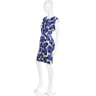 1980s Yves Saint Laurent Blue Floral Linen Sleeveless Dress Size XS/S