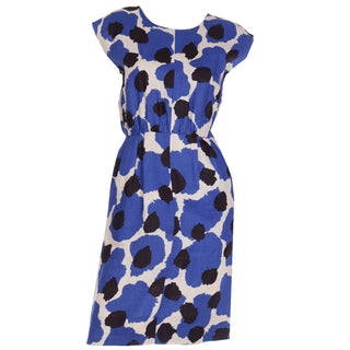 1980s Yves Saint Laurent Blue Floral Linen Sleeveless Dress Size French 34