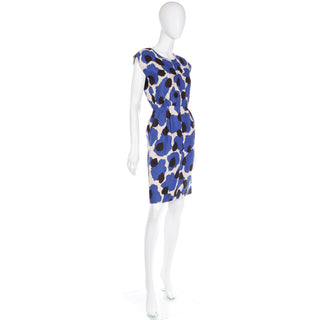 1980s Yves Saint Laurent Blue Floral Print Linen Sleeveless Dress