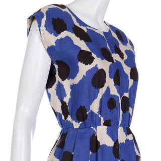 1980s Yves Saint Laurent Blue Floral Linen Sleeveless Dress Made in France