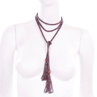 1920s Vintage Sautoir Flapper Necklace With Purple & Red Beads & Fringe