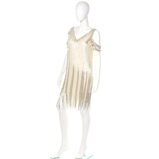 1920s Flapper Inspired Beaded Ivory & Silver Silk Evening Dress