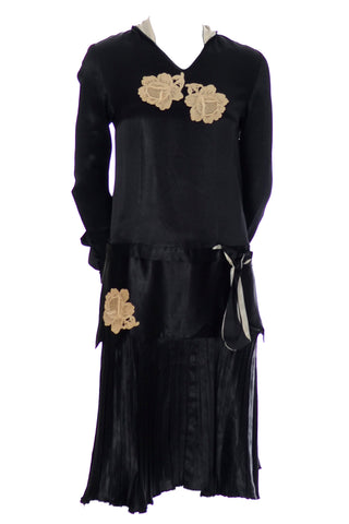 1920s Silk Satin Black Dress with Floral Appliques