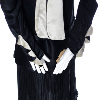1920s Black Silk Flapper Dress with Back Tie Sashes and Cream FLoral Appliques