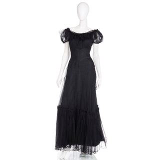 1940s Vintage Emma Domb Party Lines Black Net Evening Dress Gown