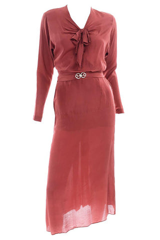 1930s Brick Red Silk 2 Pc Dress With Rhinestone Buckle and Bow