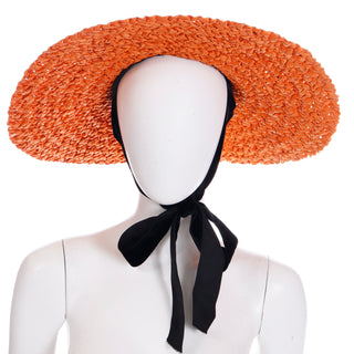 1940s Orange Straw Wide Brim Vintage Hat w Black Ribbon and Tie Rare