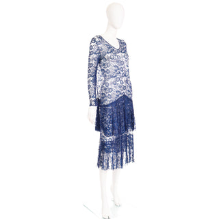 Sheer 1930s Vintage Blue Floral Lace Dress