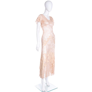 Bias Cut 1930s Peach Lace Vintage Dress w/ Silk Floral Appliqués & Butterfly Sleeves