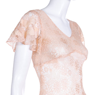 1930s Peach Lace Vintage Sheer Dress w/ Silk Floral Appliqués & Butterfly Sleeves