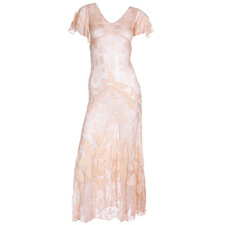 Sheer 1930s Peach Lace Vintage Dress w/ Silk Floral Appliqués & Butterfly Sleeves