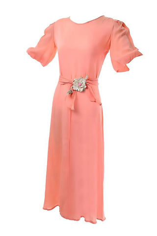 1930s peach silk vintage dress with puff sleeves