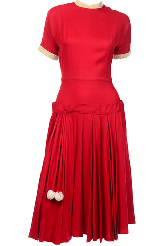 Red Vintage 1950s Holiday Day Dress With Pom Poms