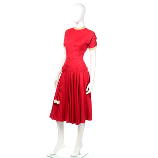 Vintage 1950s Holiday Day Dress With Pom Poms in red wool