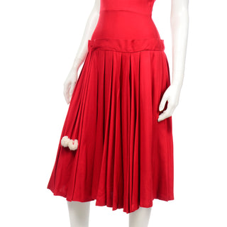 Red Vintage 1950s Holiday Day Dress With Pom Poms & drop waist