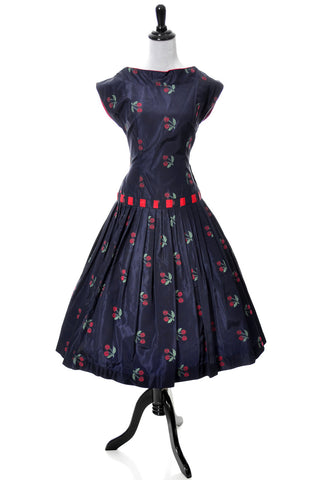 1950s Vintage Vicky Vaughn Cherry Print Blue Taffeta Party Dress with Red Trim SOLD - Dressing Vintage