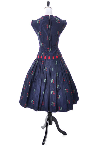 1950s Vintage Vicky Vaughn Cherry Print Blue Taffeta Party Dress with Red Trim SOLD - Dressing Vintage