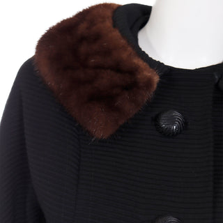 1960s Vintage Black Ottoman Coat With Mink Fur Collar Small/ medium