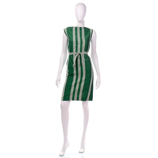1960s Shift Dress with Boat Neck in Green Cotton with Greek Key Design