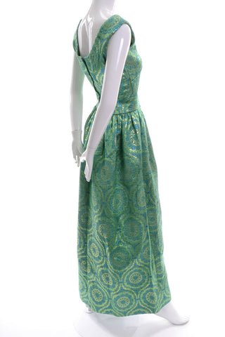 60s Green and Gold Vintage Jacquard Satin Dress