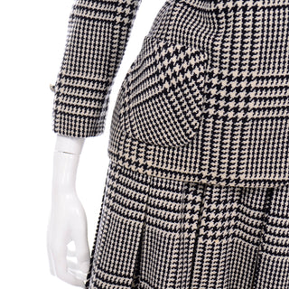 Vintage 1960s Black White Houndstooth Wool Skirt Suit with Jacket