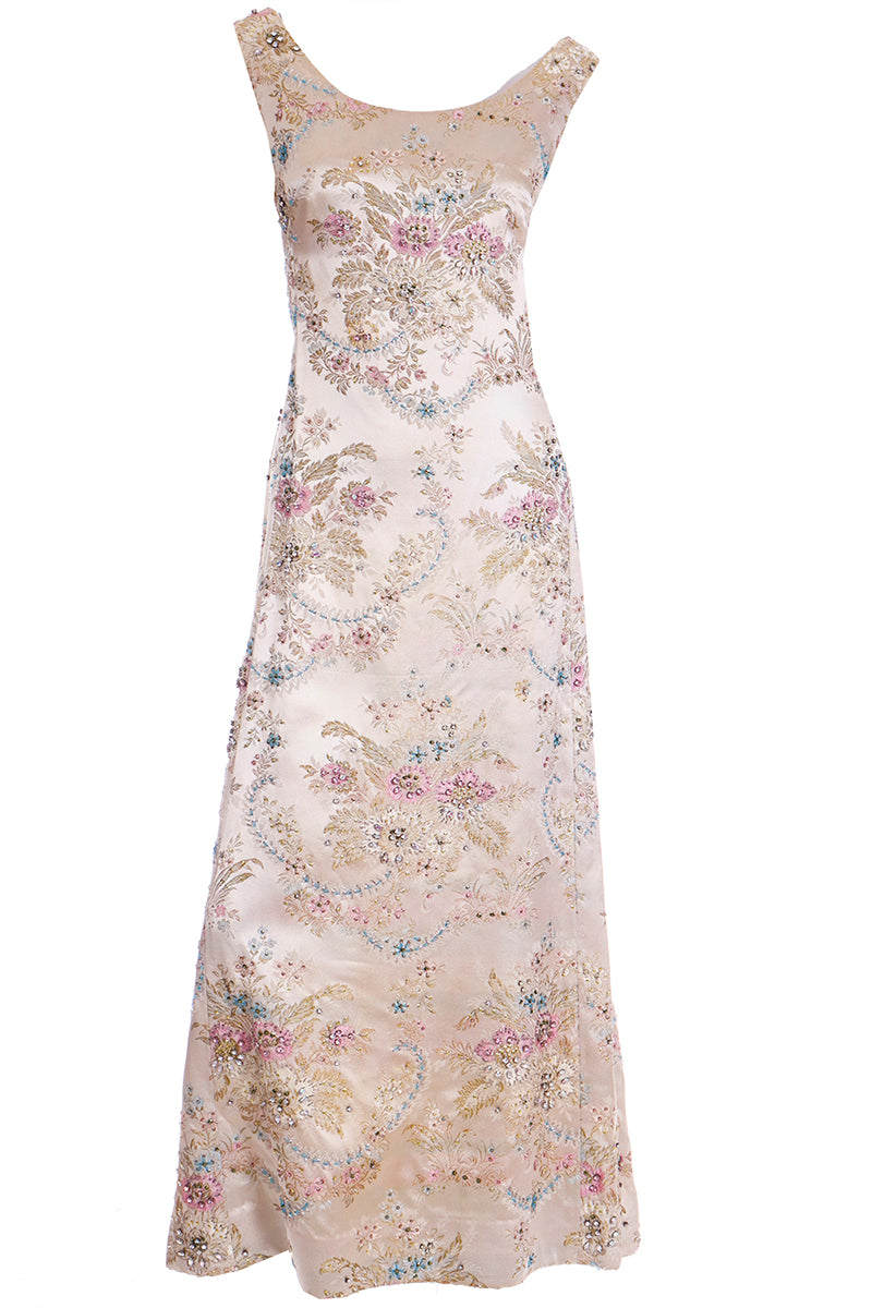 Saks Fifth Avenue Pastel Floral Beaded Champagne Satin 1960s Evening