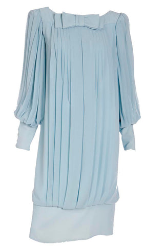 1960s Blue Silk Chiffon Pleated Dress With Banded Hemline
