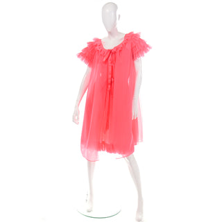 1960s Vanity Fair Coral Pink Ruffle Peignoir Nightgown Set