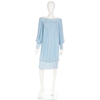 Draped 1960s Blue Silk Chiffon Pleated Dress With Banded Hemline