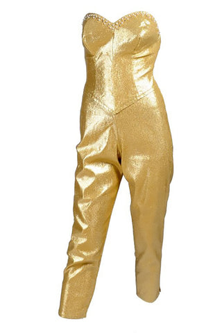 Gold Lurex stretch cropped capri jumpsuit