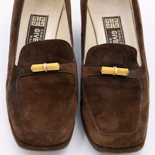 1970s Givenchy Brown Suede Loafer Shoes With Gold Decorative Buckles 70s