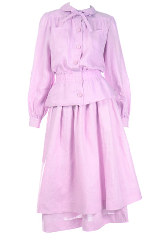 1970s Valentino Purple Linen 2 Pc Dress w Tiered Skirt & Blouse